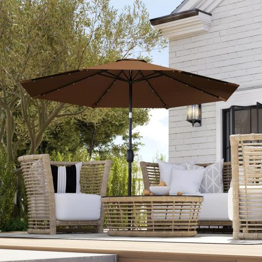 Sombrilla de Jardín Ø265 cm con 32 Luces LED Solares Manivela y Poste de Acero para Patio Terraza Marrón [5]