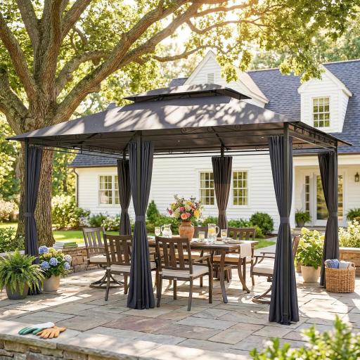 Cenador para Jardín 3x4 m Pabellón de Jardín Gazebo con Doble Techo 6 Paredes Laterales Estructura Metálica Gris [0]