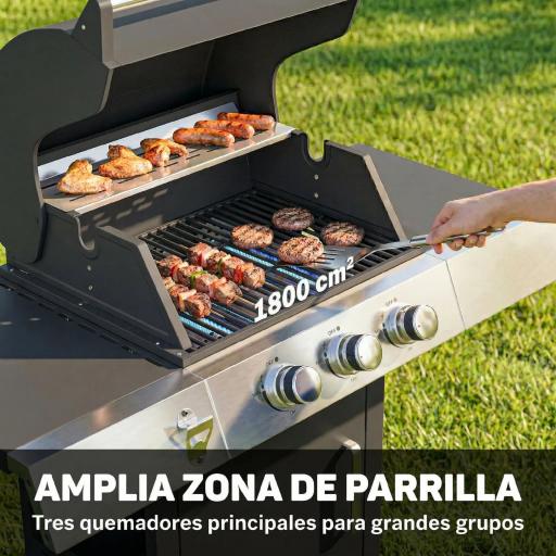 Barbacoa de Gas con 3 Quemadores 8,1 kW Termómetro Parrillas Mesas Laterales Armario y Ruedas 109x50x109 cm Negro [5]