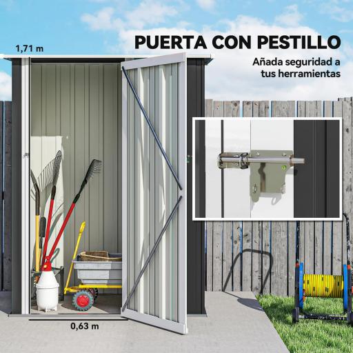 Cobertizo Exterior 1,07m² 142x86x189 cm con Puerta y Orificios de Drenaje para Almacenamiento de Herramientas Gris [4]