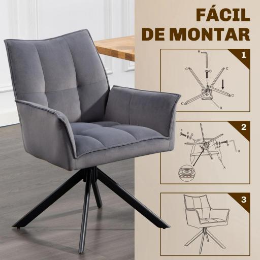 Juego de 2 Sillas de Comedor Giratorias con Reposabrazos Respaldo Acolchado Tapizado en Terciopelo Patas de Acero Gris [5]