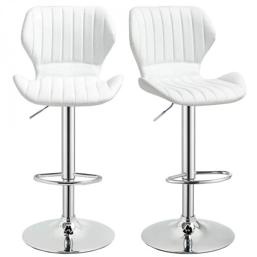 Juego de 2 Taburetes Altos de Cocina y Giratorio Taburetes Altos de Cuero Sintético con Respaldo y Estructura de Metal 47x51,5x92-114 cm Blanco [9]