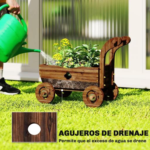 Carretilla de Madera Decorativa Jardinera Elevada con 4 Ruedas Asa Orificios de Drenaje 68x38x52 cm Carbonizado [7]