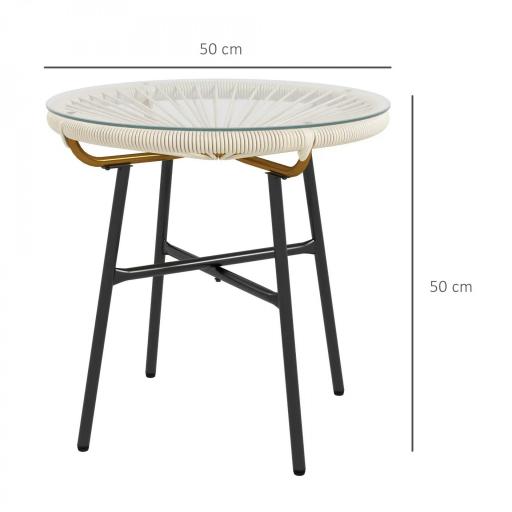 Mesa Auxiliar de Ratán Sintético Redonda para Exteriores con Encimera de Vidrio Templado Ø50x50 cm Crema [1]