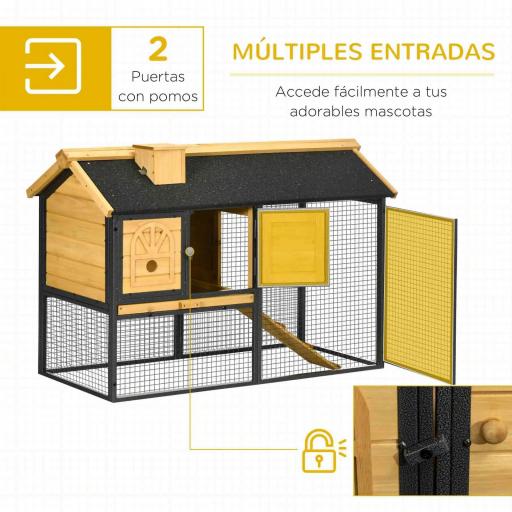 Conejera de Madera de 2 Niveles con Zona Abierta Techo Asfáltico y Bandeja Extraíble 120x55,5x80 cm Natural y Negro [5]
