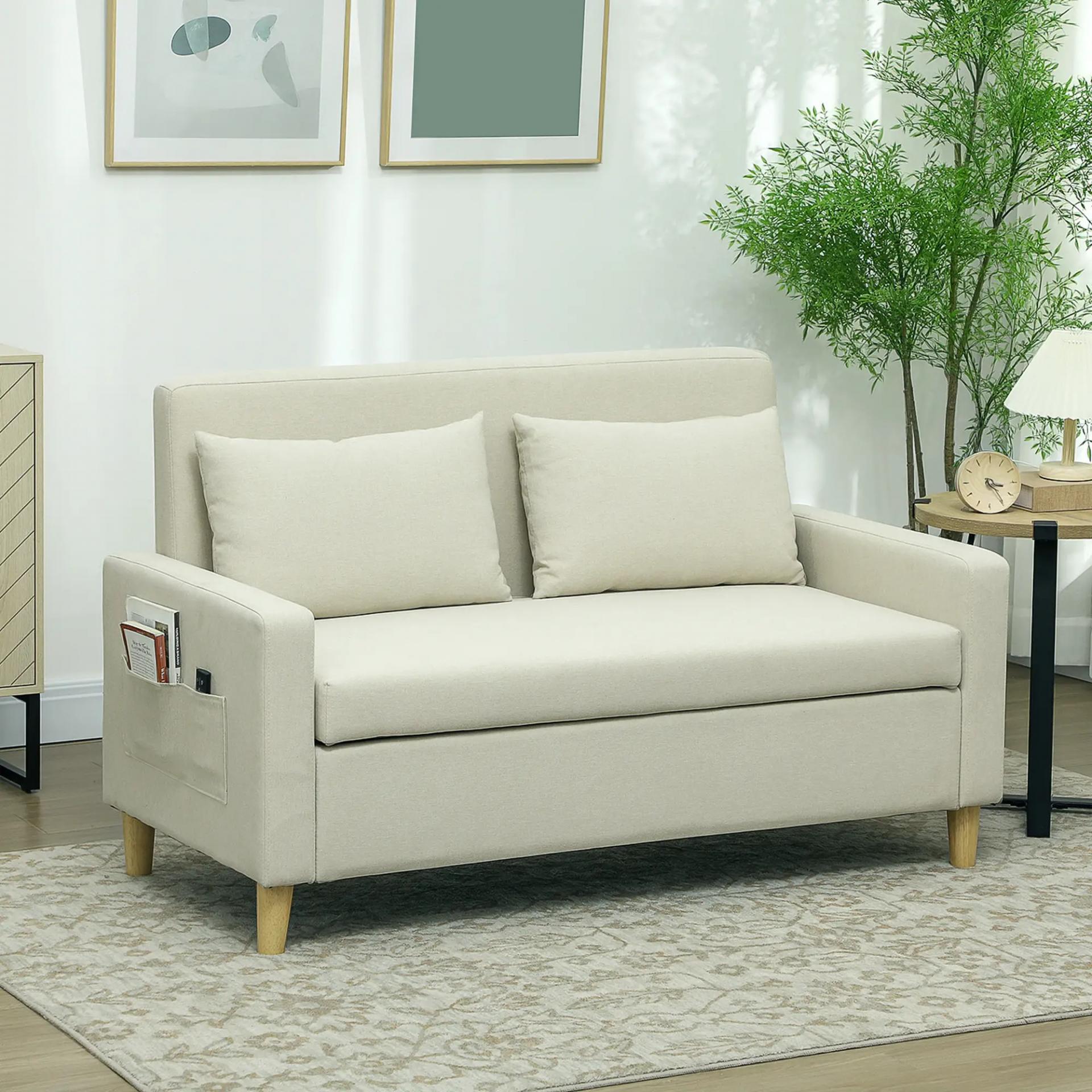 Sofá de 2 Plazas Tapizado en Lino Sintético con Espacio de Almacenaje 2 Almohadas y Patas de Madera 135x71x84 cm Beige
