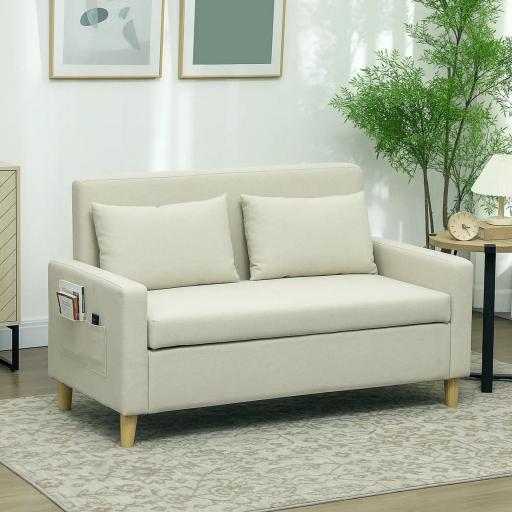 Sofá de 2 Plazas Tapizado en Lino Sintético con Espacio de Almacenaje 2 Almohadas y Patas de Madera 135x71x84 cm Beige