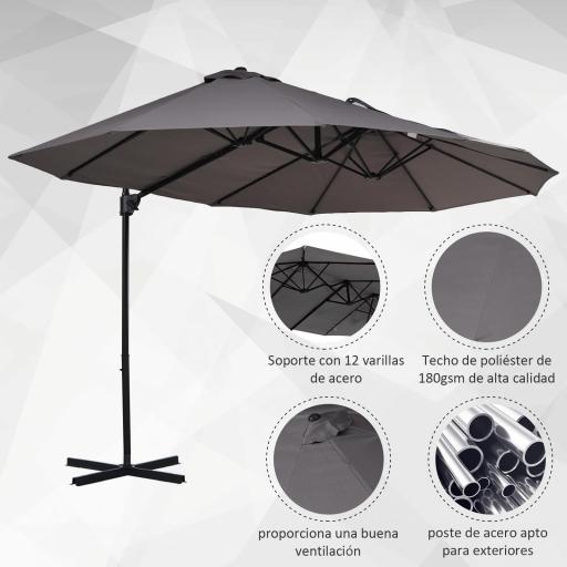 Sombrilla Doble de 270x445x260 cm Parasol Grande Inclinable con Manivela para Abrir y Cerrar Fácil Color Gris [4]