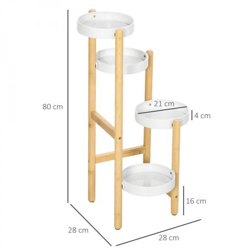 Soporte para Plantas con Patas de Bambú y 4 Estantes Metálicos Redondos Carga 20 kg Ø28x80 cm Natural y Blanco [1]