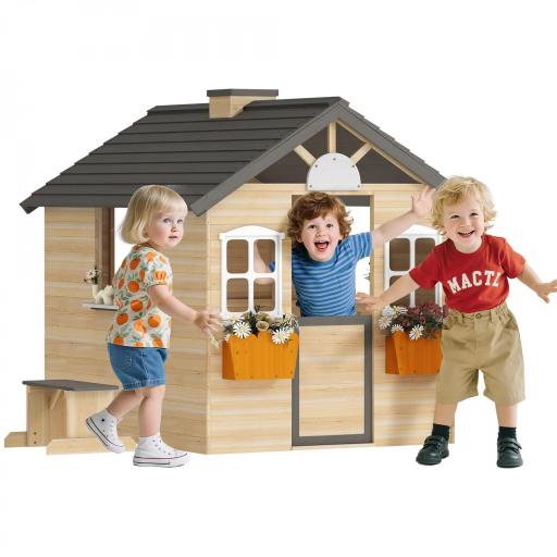 Casita Infantil de Juegos Exterior para Niños de 3 -7 Años con Ventanas 2 Jardineras y 1 Banco 113x94x134,5 cm Natural [10]