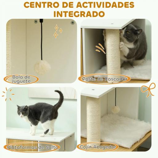 Mueble Arenero para Gatos con Centro de Juegos Cojín Pelota Puerta Lateral y Patas Antideslizantes 94x48x50,5cm Blanco [2]