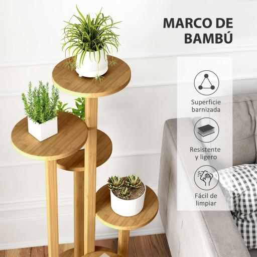 Soporte para Plantas de Bambú con Ruedas de 5 Niveles Estantería Redonda para Plantas para Esquina 33x33x90 cm Natural [3]