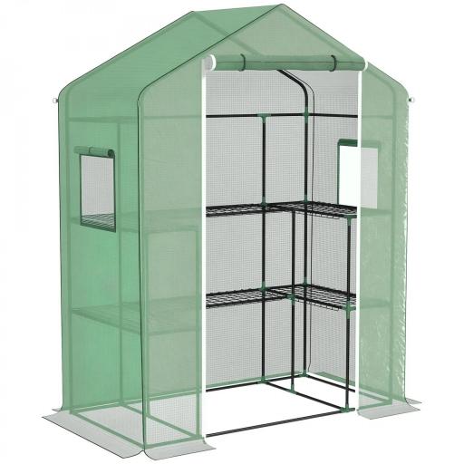 Invernadero con 1 Puerta 2 Ventanas y Estantes de 2 Niveles en Forma de U para Cultivo de Plantas 140x73x190 cm Verde [8]