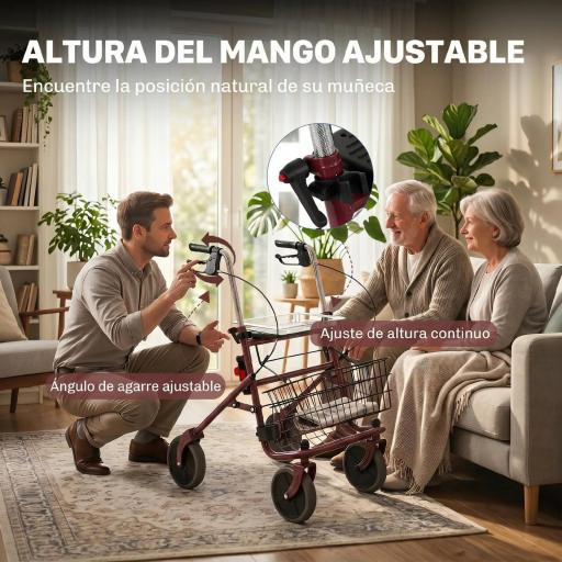 Andador para Ancianos Plegable con Asiento 4 Ruedas Altura Ajustable Frenos de Maneta Cesta Bandeja Porta Bastón Rojo [3]