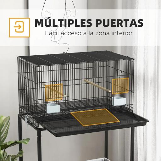 Jaula para Pájaros con Ruedas 77x46x119 cm Jaula Metálica para Aves con Bandeja Extraíble 2 Perchas 2 Comederos Negro [5]