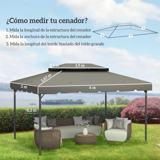 Toldo de Recambio para Cenador 4x3 m con Techo Doble Orificios de Drenaje Solo Toldo NO Incluye Marco Gris Claro [1]