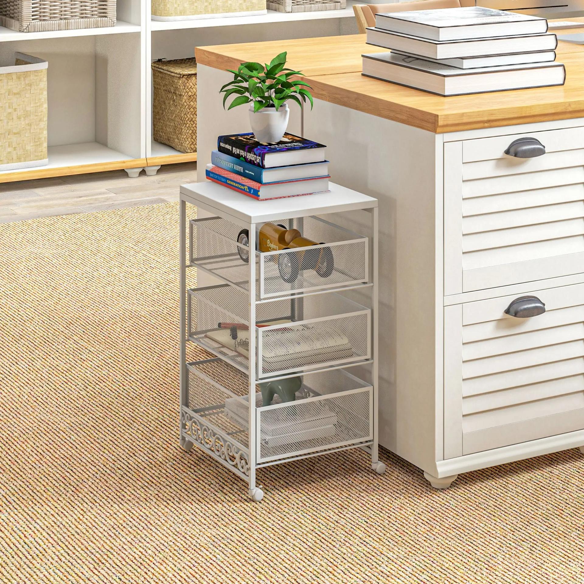 Carrito de Almacenamiento con Ruedas de 3 Niveles con 3 Cesta de Almacenamiento para Salón Comedor 34x29,5x57,5cm Blanco