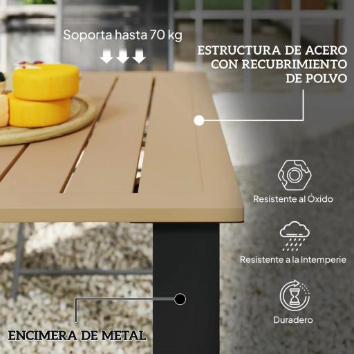 Mesa de Jardín Rectangular de Acero 150x90x73 cm para 6 Personas con Orificio para Sombrilla Diseño con Lamas Marrón [3]