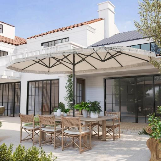 Sombrilla Doble 4,5x2,7 m Sombrilla Terraza Exterior con Manivela Manual Resistente al Agua y Protección UV30+ Crema [6]