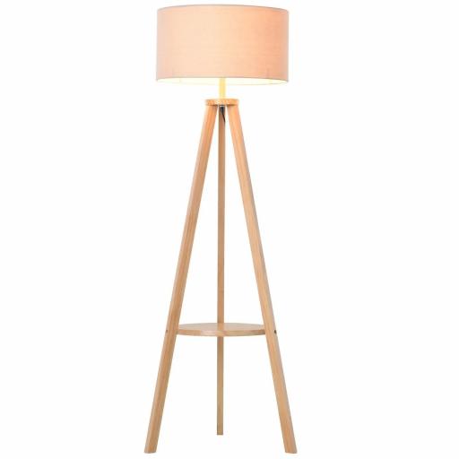 Lámpara de Pie Tipo Trípode con Estructura de Madera Natural y Pantalla de Tela Beige con Estante Integrado 50x50x154 cm [8]