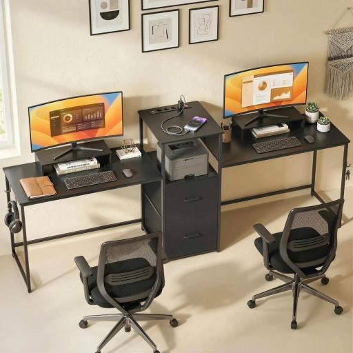 Mesa Gaming Doble de 244 cm con Estación de Carga Puertos USB Soportes para Monitor Cajones de Tela Negro [6]