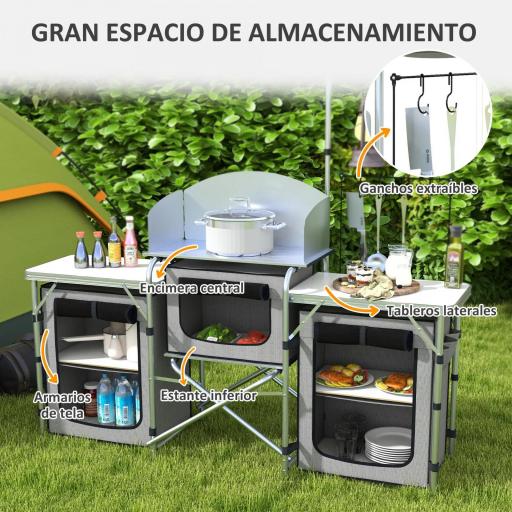 Mueble de Cocina para Camping Plegable con 3 Mesas 4 Ganchos Poste de Luz y Bolsa de Transporte 172x48x130 cm Gris [2]