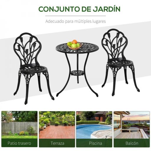 Set de Jardín 3 Piezas con Mesa Redonda Ø60x67 cm y 2 Sillas 42,5x47,5x89 cm Mesa con Orificio para Sombrilla Negro [8]
