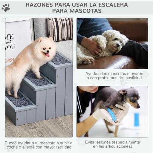 Escalera para Mascotas 3 Peldaños con Espacio de Almacenaje y Alfombra Antideslizantes Portátil 40,5x44,5x38 cm Gris [2]