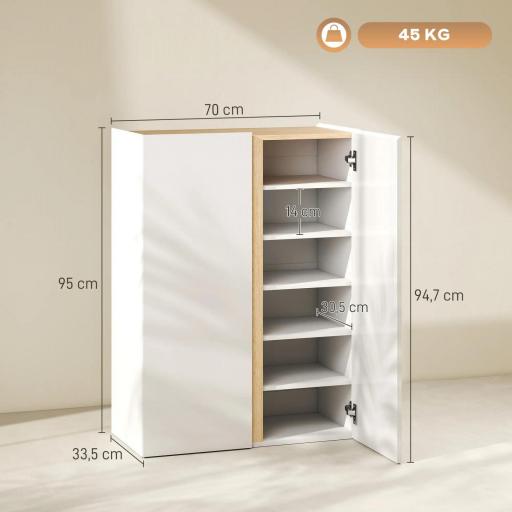 Zapatero de 6 Niveles con 2 Puertas en Blanco Brillo con Cierre Suave y Estantes Ajustables 70x33,5x95 cm Blanco [1]