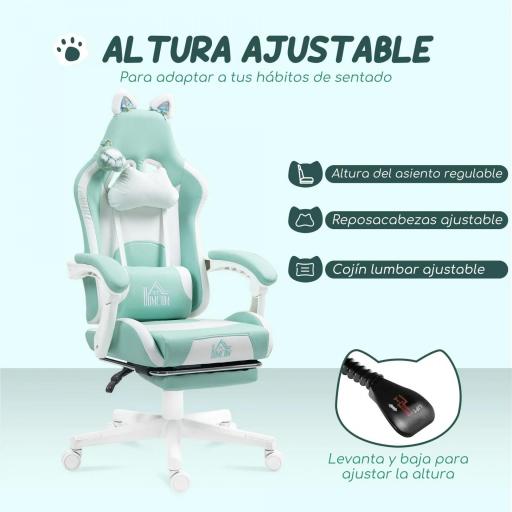 Silla Gamer Reclinable con Altura Ajustable Reposapiés Retráctil Soporte Lumbar y Reposacabezas Desmontable Verde Menta [3]