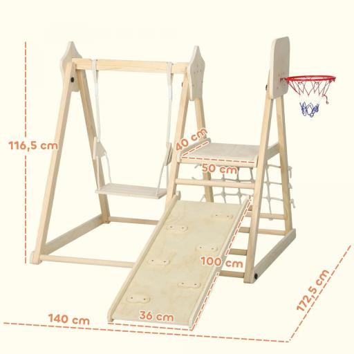 Tobogán Infantil 5 en 1 Estructura de Escalada con Tobogán Columpio Aro de Baloncesto Tabla Red de Escalada Natural [1]