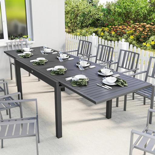 Mesa de Comedor Exterior Extensible 135/270 cm para 6-10 Personas de Aluminio con Tapa de Listones Gris Oscuro