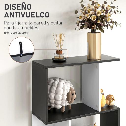 Estantería en Forma de S Alta con 5 Estantes Diseño Moderno para Salón Oficina 60x24x184,5cm Blanco y Negro [5]