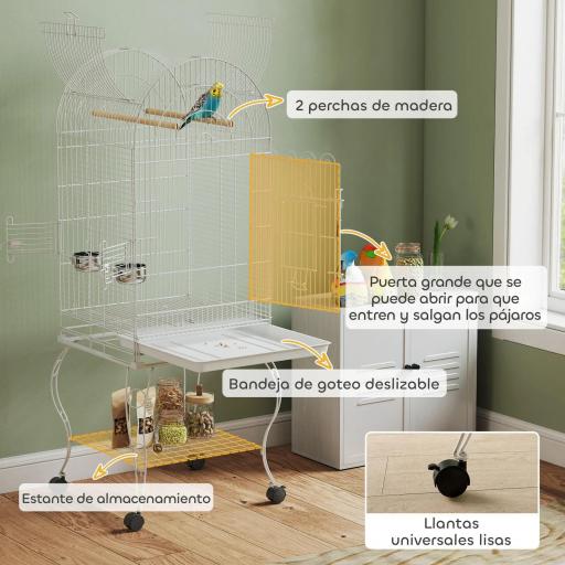 Jaula para Pájaros con Ruedas y Estante 51x51x153 cm con Parte Superior Abatible Comederos y Bandeja Extraíble Blanco [7]