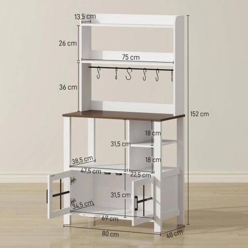 Alacena de Cocina con 6 Ganchos para Tazas 2 Puertas de Vidrio Estantes Abiertos 80x40x152 cm Blanco [1]