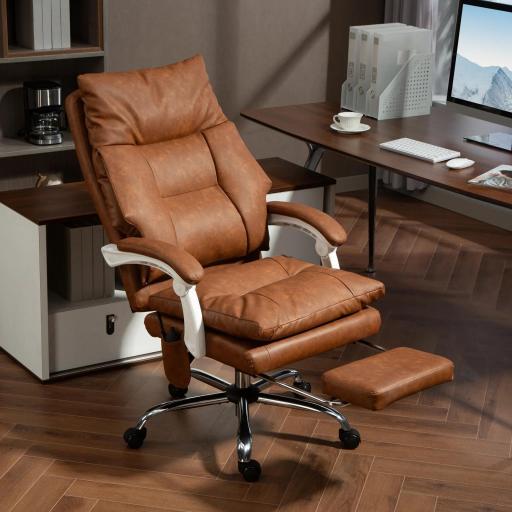 Silla de Escritorio con Soporte Lumbar Inflable Tapizada en PU Reposapiés Respaldo Reclinable Altura Ajustable Marrón