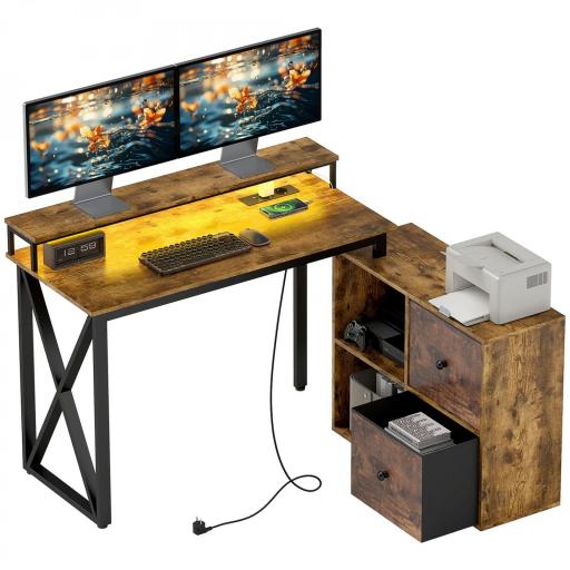 Escritorio Industrial con Luces LED y Estación de Carga con Patas Ajustables y Soporte en X 130x110x91 cm Madera Rústica [9]