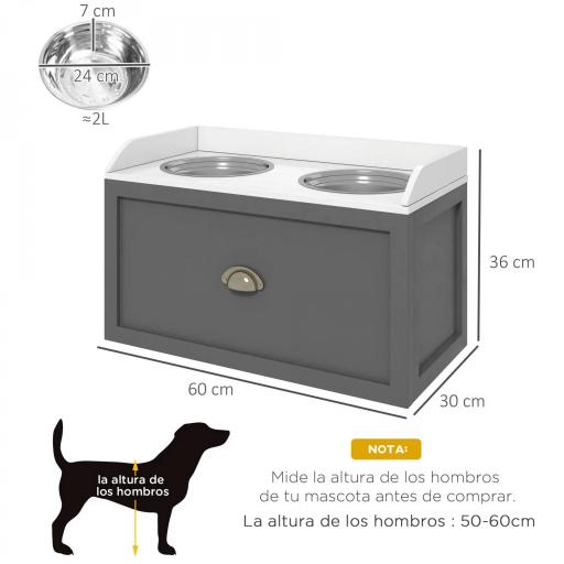 Comedero Elevado para Perros Grandes con 2 Cuencos de 2000 ml de Acero Inoxidable y 1 Cajón 63x30x36 cm Gris y Blanco [1]