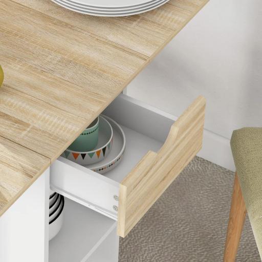 Mesa de Cocina Plegable con Ruedas Alas Abatibles Cajón y Estantes para 2-4 Personas 120x72x75 cm Roble y Blanco [5]