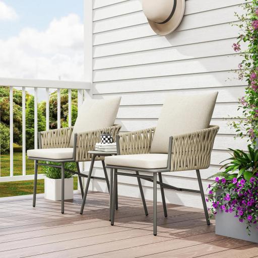 Conjunto de Muebles de Jardín de Ratán Sintético con 2 Sillas con Cojines Extraíbles y Mesa con Tablero de Metal Gris [3]