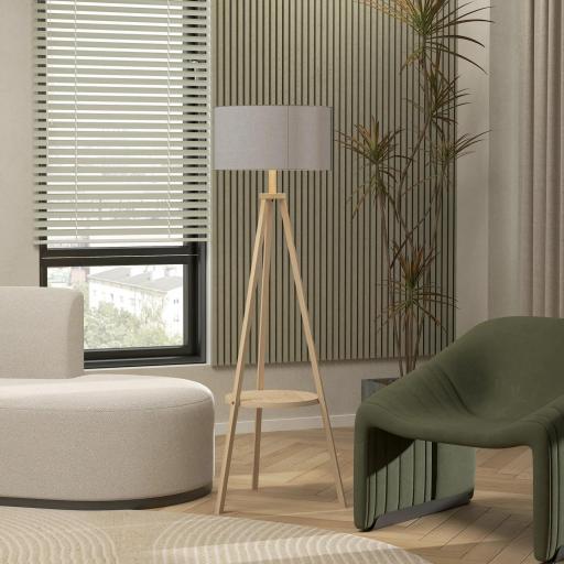 Lámpara de Pie Tipo Trípode con Estructura de Madera Natural y Pantalla de Tela Gris con Estante Integrado 48x48x153 cm [7]