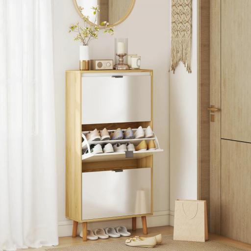 Zapatero Estrecho con 3 Puertas en Blanco Brillo Estantes Ajustables Patas de Madera para 18 Pares de Zapatos [6]