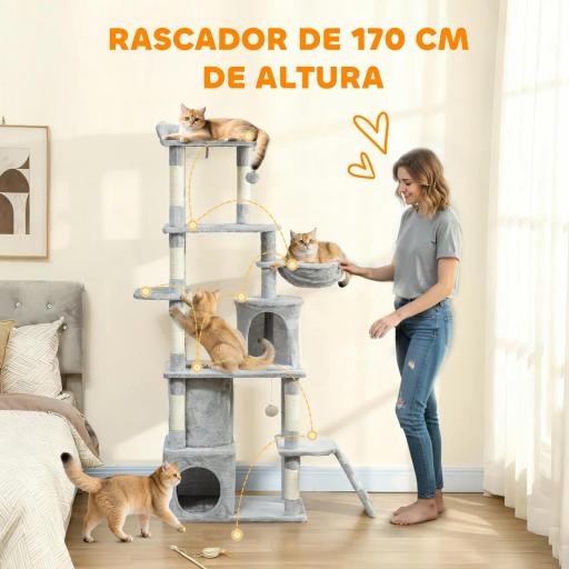 Árbol Rascador para Gatos Grande Altura 170 cm con 7 Postes 1 Túnel 3 Plataformas 2 Cuevas 1 Hamaca Gris Claro [5]