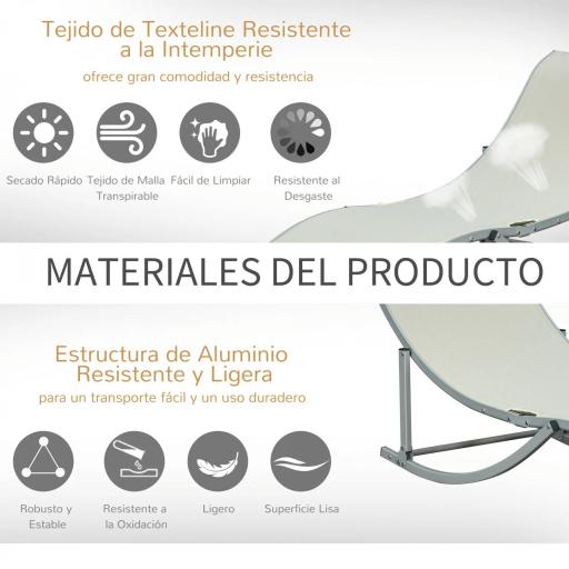  2 Tumbonas Plegables en Forma de S Ergonómica con Marco de Aluminio Texteline para Piscina Patio Jardín Terraza 165x61x63 cm Crema [3]