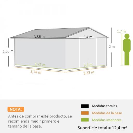 Cobertizo de Jardín 12,4 m² 340x386x200 cm con 2 Puertas Corredizas Base Refuerzo (Suelo NO Incluido) Verde [1]