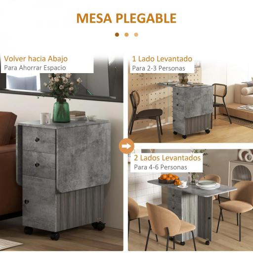 Mesa Plegable de Comedor con Ruedas Alas Abatibles 2 Cajones y Armario Hasta 6 Personas 120x60x76,5 cm Gris [3]