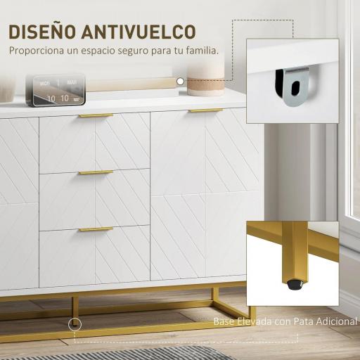 Aparador Moderno Aparador para Salón con 3 Cajones 2 Puertas y Estante Ajustable Mueble Auxiliar para Salón Cocina Antivuelco 120x40x76 cm Blanco [9]