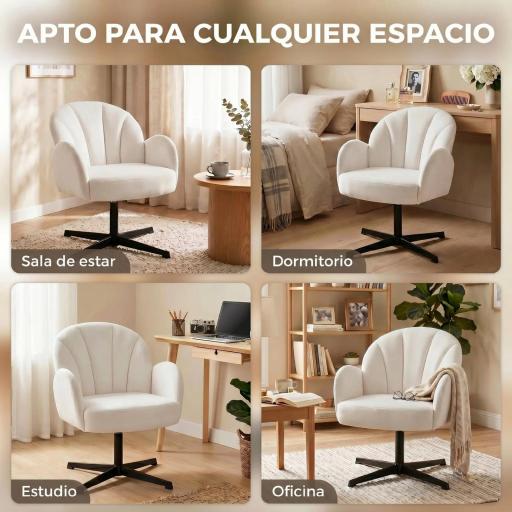 Sillón de Salón Giratorio Butaca de Salón Tapizada Terciopelo con Respaldo en Forma de Concha Cojín con Resortes Crema [6]