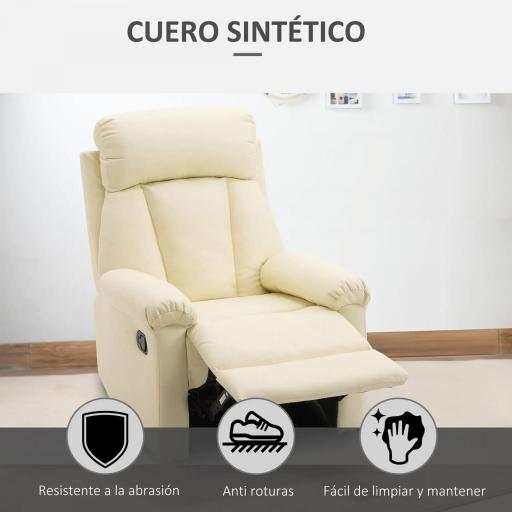 Sillón Relax Reclinable hasta 150° Tapizado en PU Butaca de Salón con Reposapiés Retráctil Respaldo Alto Resposabrazos para Dormitorio 80x97x107 cm Blanco [3]