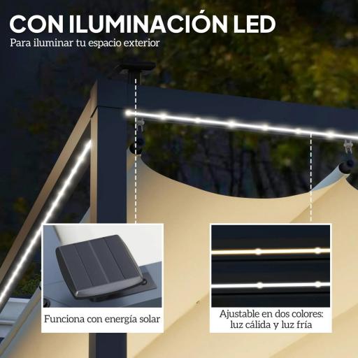 Pérgola de Aluminio 4x3 m Gazebo con Luces LED Solares y Techo Retráctil para Jardín Crema [2]